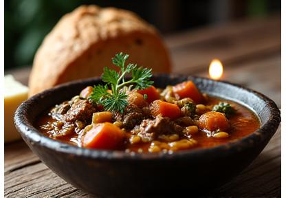 Plat rustique médiéval avec légumes racines et viande braisée