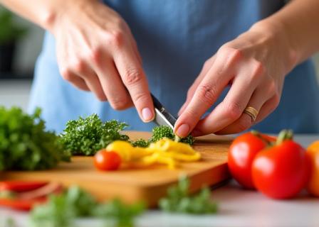 Mains préparant des ingrédients frais dans une cuisine lumineuse