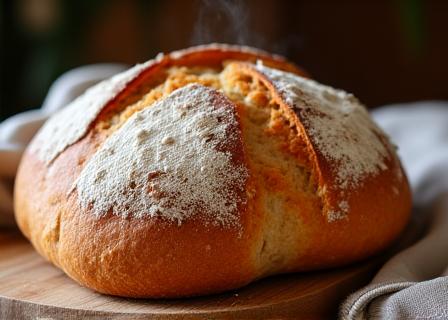 Pain artisanal fraîchement sorti du four sur une planche en bois